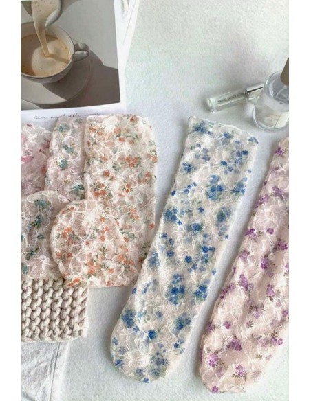 Sosete fine din tulle brodat - Flower Power colorate