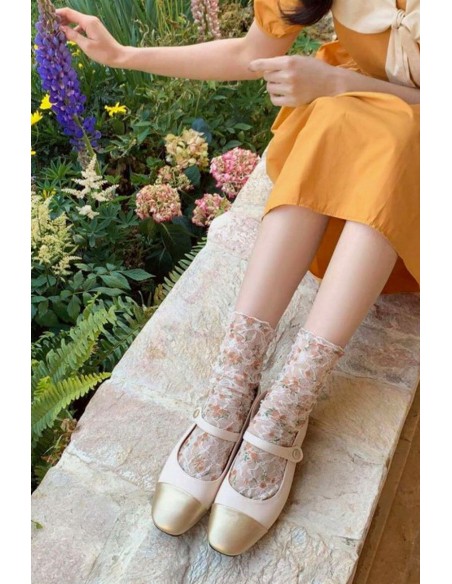 Sosete fine din tulle brodat - Flower Power