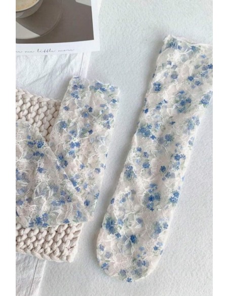 Sosete fine din tulle brodat - Albastru