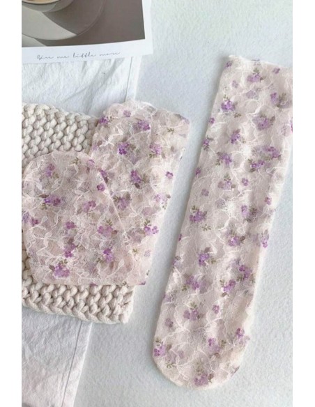 Sosete fine din tulle brodat - Violet