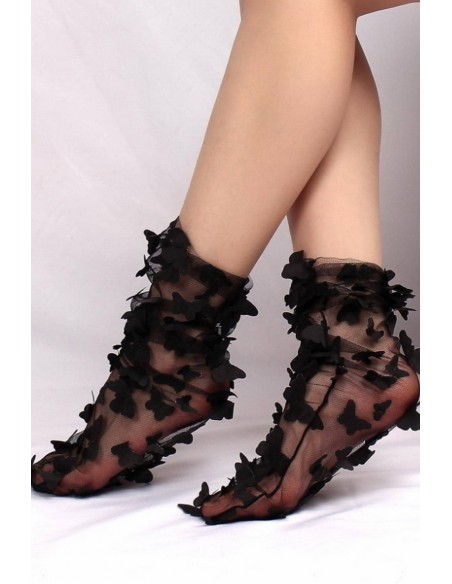 Sosete fine din tulle cu fluturi negre