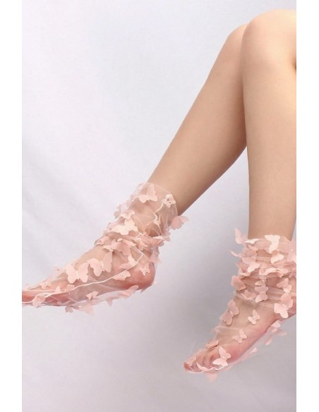 Sosete fine din tulle cu fluturi roz