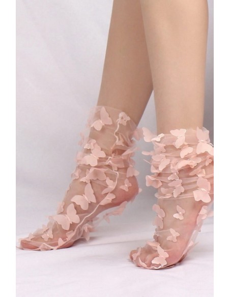 Sosete fine din tulle cu fluturi - Butterfly Pudra