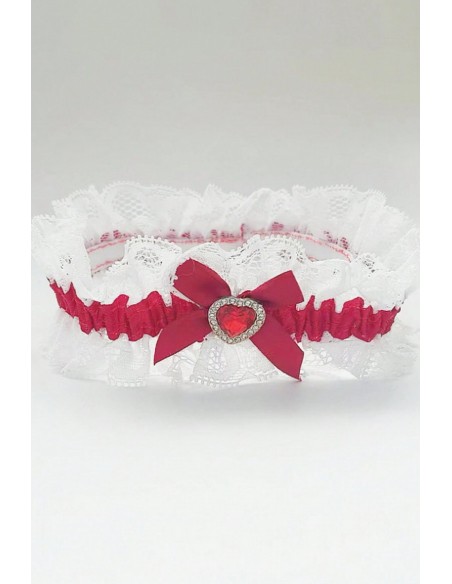 Jartiera alba cu dunga din satin bordeaux si accesoriu inimioara