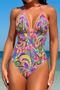 Costum de baie intreg cu decolteu adanc si model abstract - Wanda
